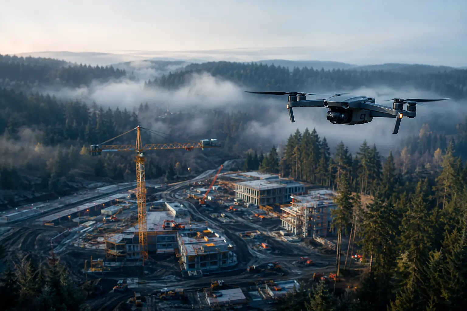 Commercial drone photographing an active Pacific Northwest construction project